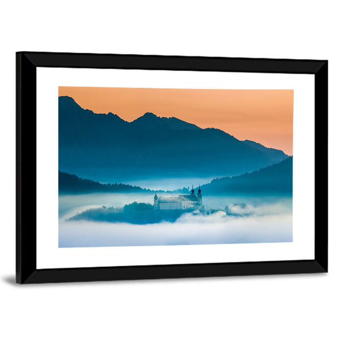 Benediktbeuern Abbey in Morning Fog Wall Art as a framed print
