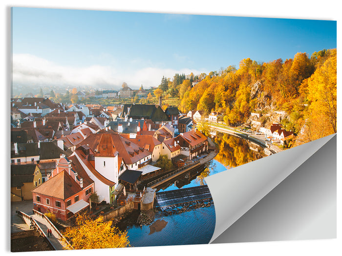 Český Krumlov River Weir in Autumn Wall Art as a poster print