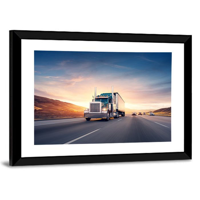 Semi Truck Highway Sunset Wall Art as a framed print