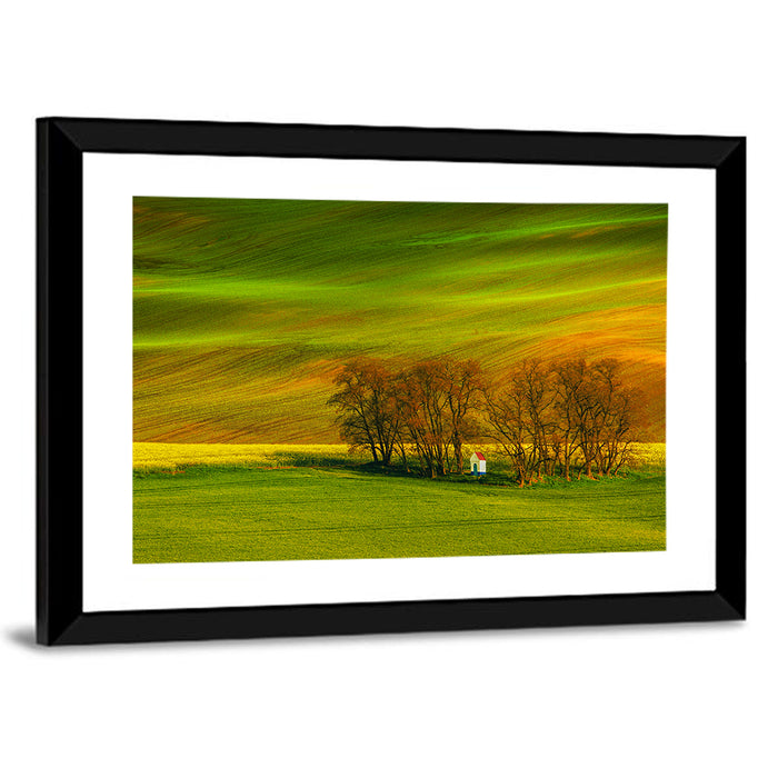 Moravian Wheat Fields with Chapel Wall Art as a framed print