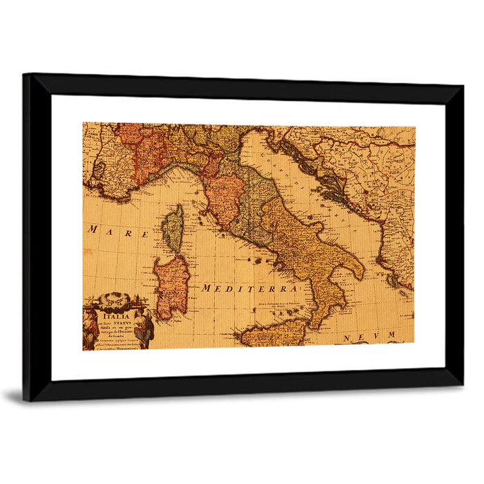 Antique Map of Italy with Ornate Cartouche Wall Art as a framed print
