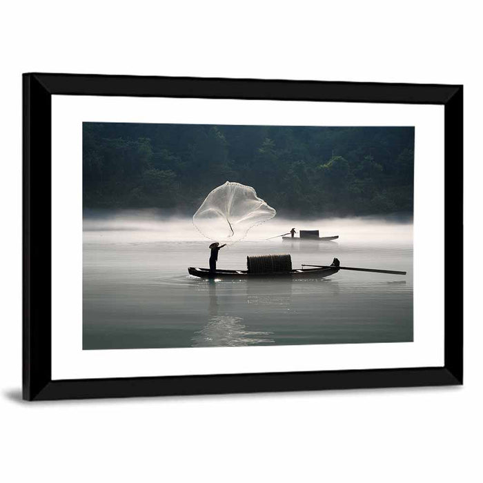 Misty Lake Fisherman Wall Art as a framed print