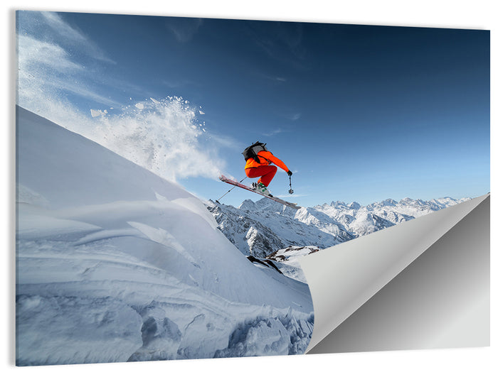 Airborne Skier Over Snowy Mountains Wall Art as a poster print