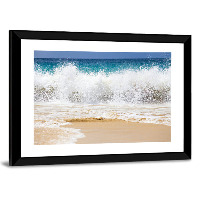 Breaking Wave Over Wet Sand Wall Art as a framed print