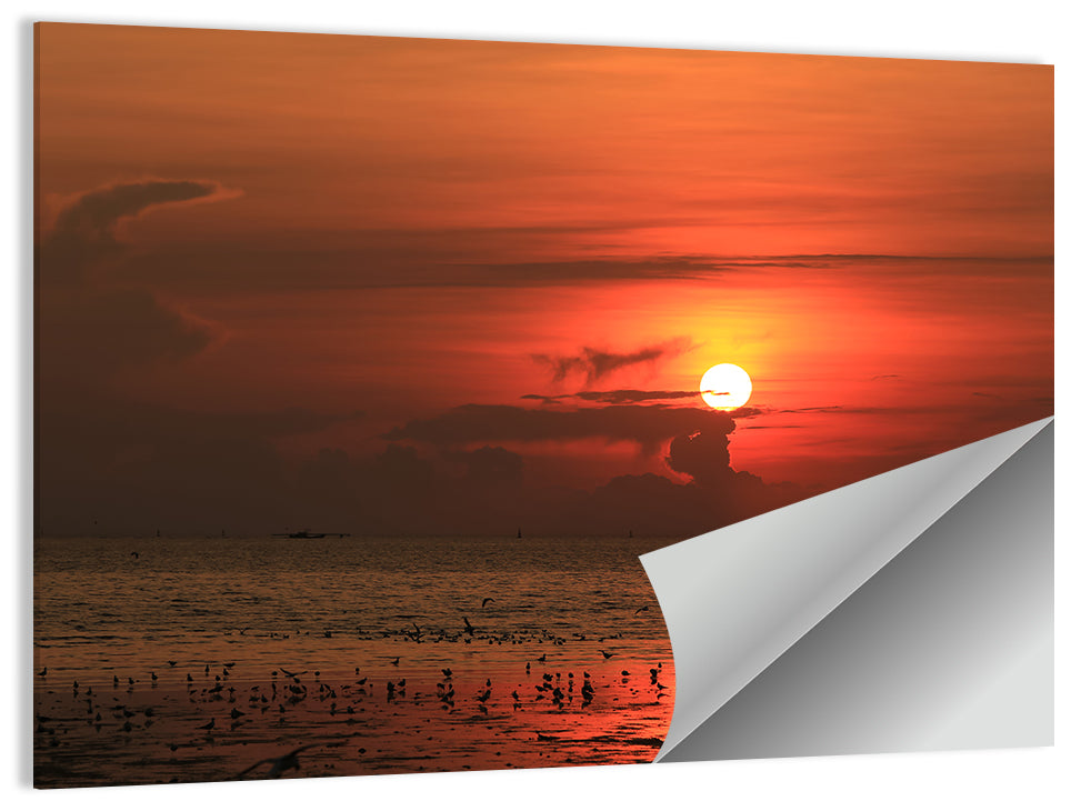 Red Sunrise with Birds Wall Art