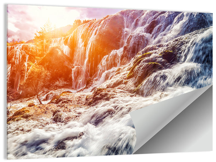 Sunlit Mountain Waterfall Closeup Wall Art as a poster print