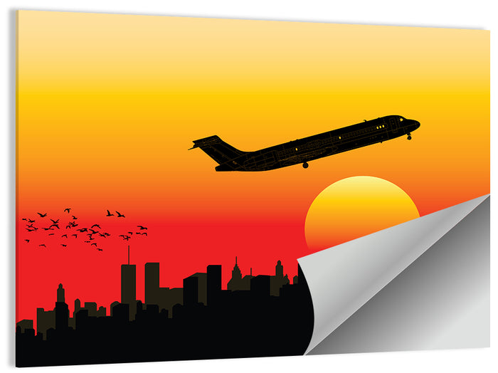 Airplane Over Sunset Skyline Wall Art as a poster print