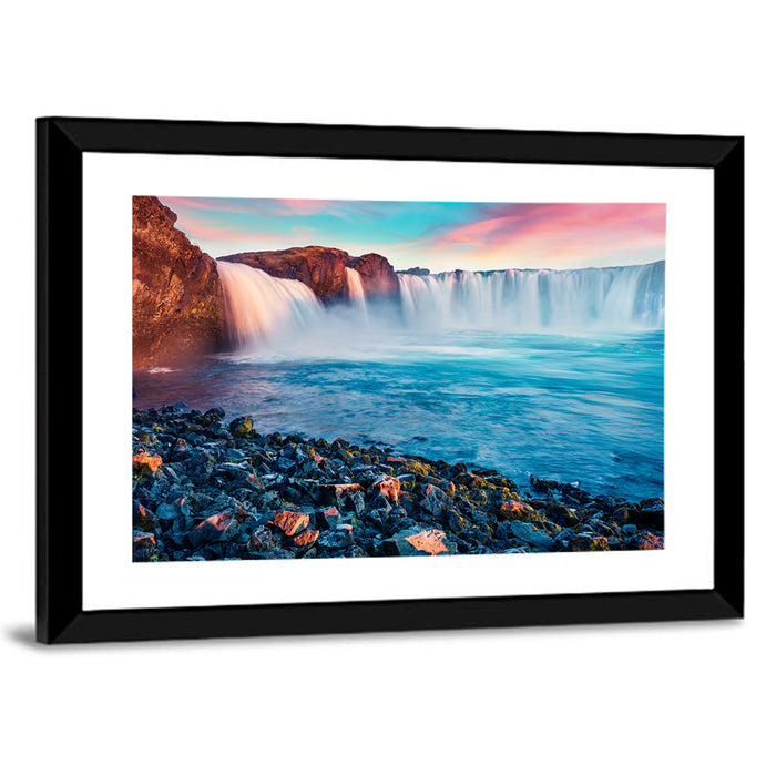 Goðafoss Waterfall at Sunset Wall Art as a framed print