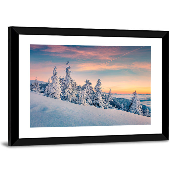 Snowy Carpathian Sunset Wall Art as a framed print