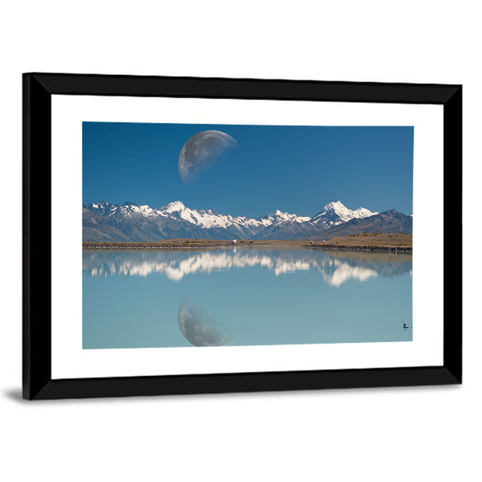 Moon Over Mt Cook and Lake Pukaki Wall Art as a framed print