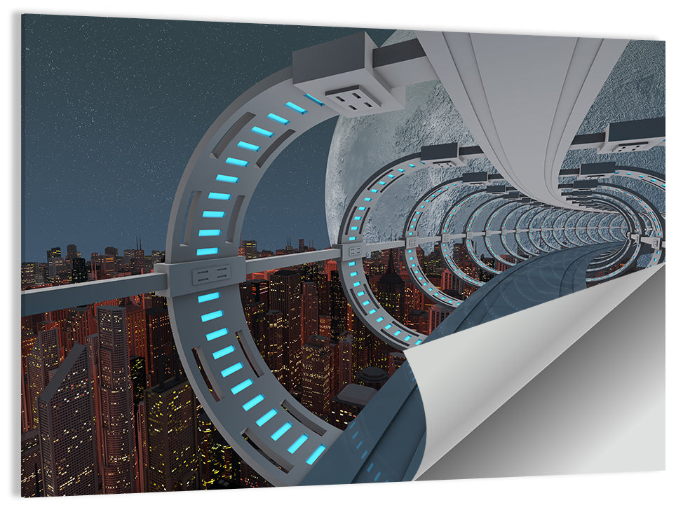 Futuristic City Tunnel with Moon Wall Art