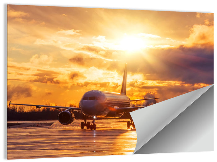Golden Hour Airliner on Wet Runway Wall Art as a poster print