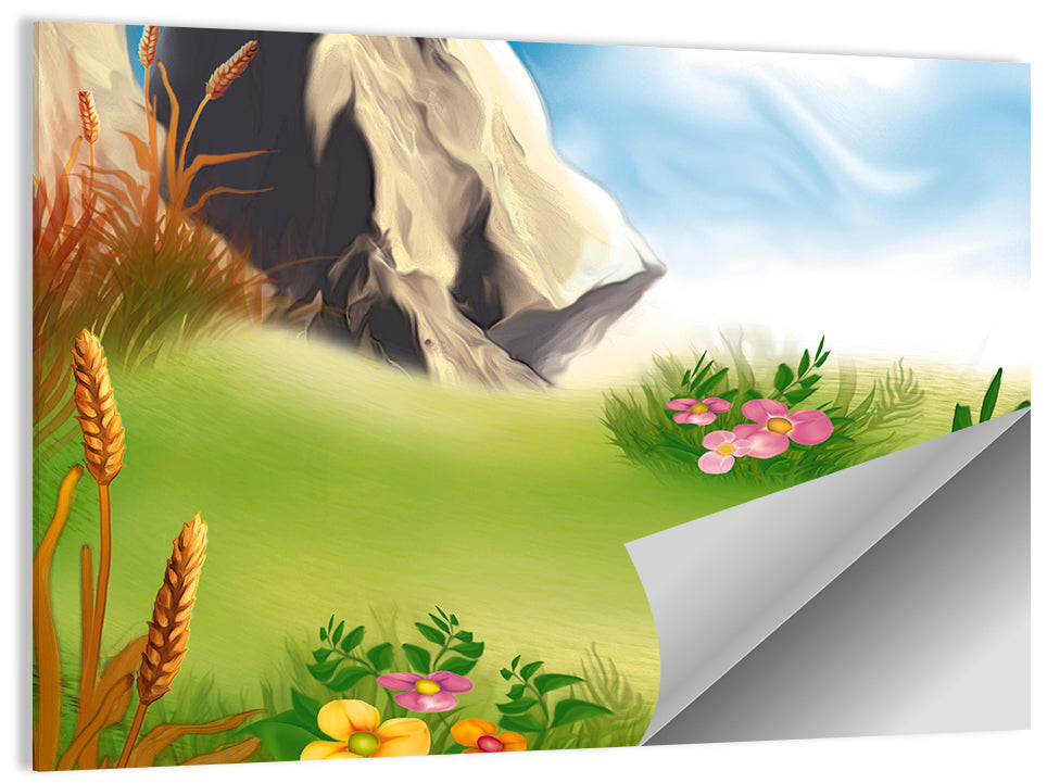 Sunny Mountain Meadow Illustration Wall Art