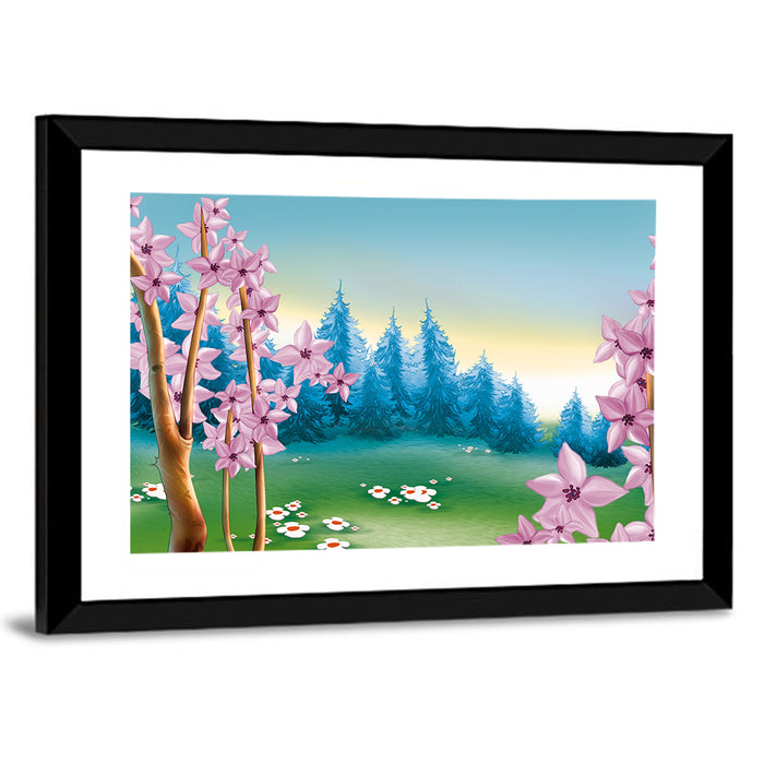 Spring Meadow Forest Illustration Wall Art as a framed print