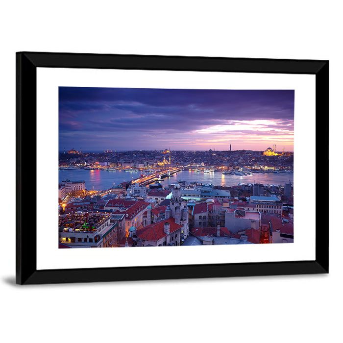 Istanbul Twilight Skyline Wall Art as a framed print