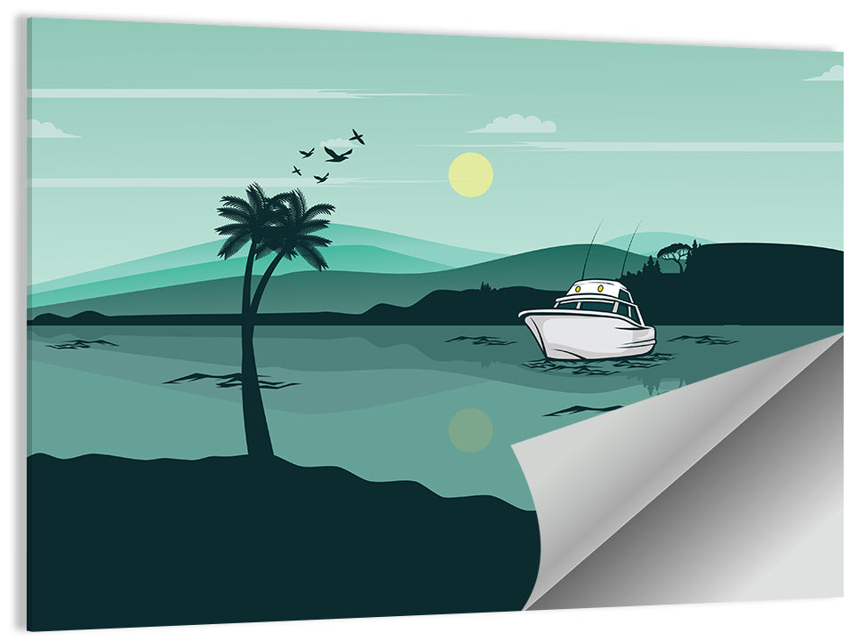Teal Lake Boat with Palm Tree Wall Art