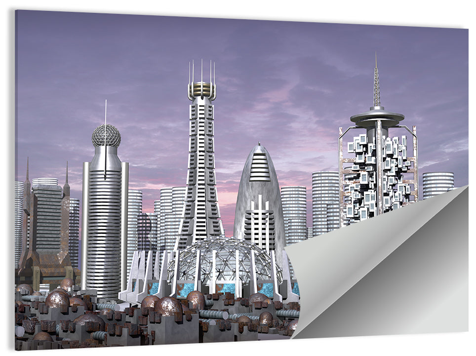 Purple Dusk Futuristic Cityscape Wall Art