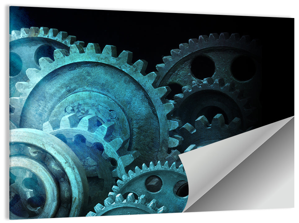 Teal and Steel Cogwheel Close-up Wall Art