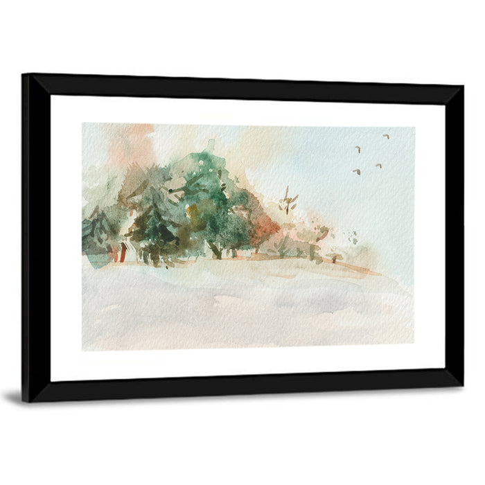 Winter Forest Watercolor Landscape Wall Art as a framed print
