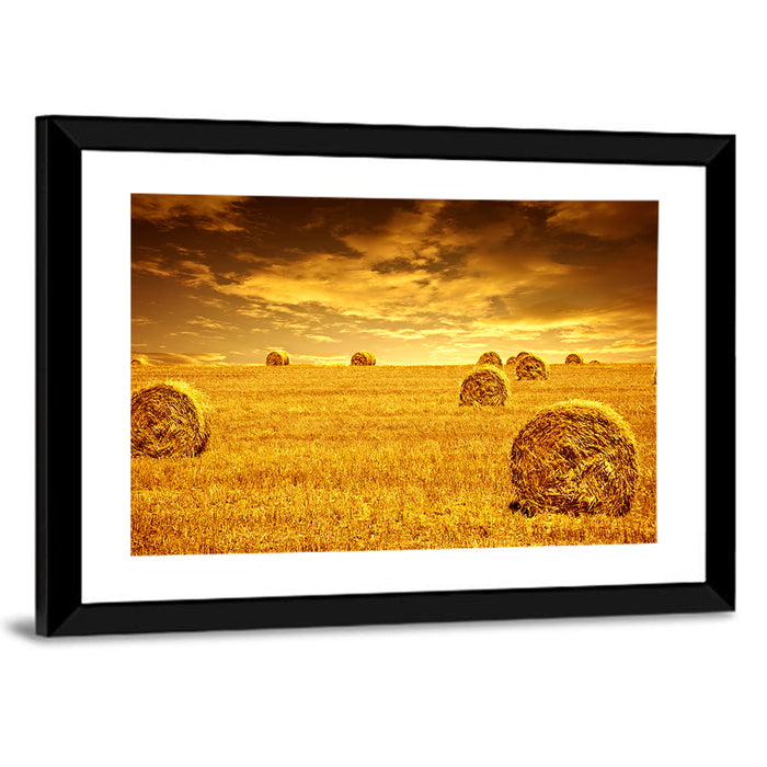 Golden Hour Haystacks Wall Art as a framed print