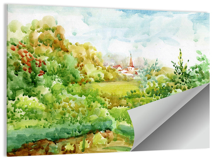 Red Steeple Village Watercolor Wall Art as a poster print