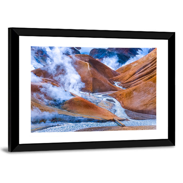 Geothermal Valley with Footbridge Wall Art as a framed print