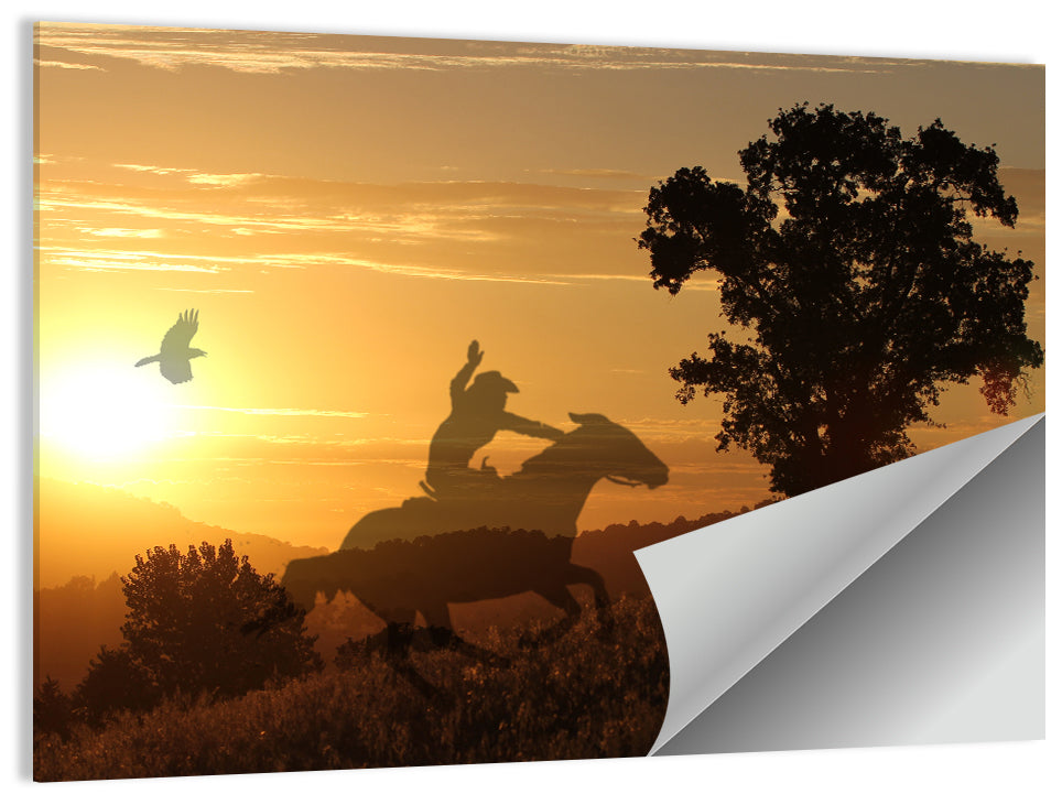 Cowboy Silhouette at Golden Sunset Wall Art