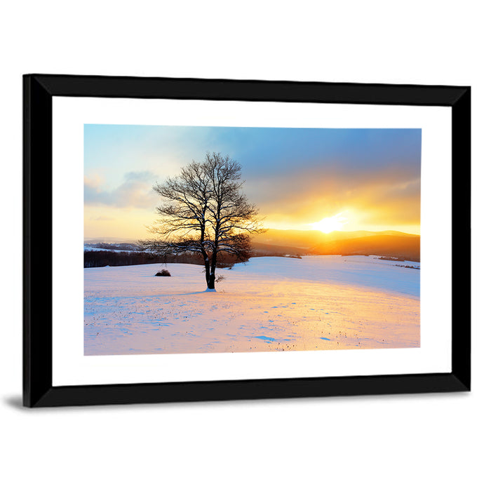 Snowy Winter Sunrise Wall Art as a framed print