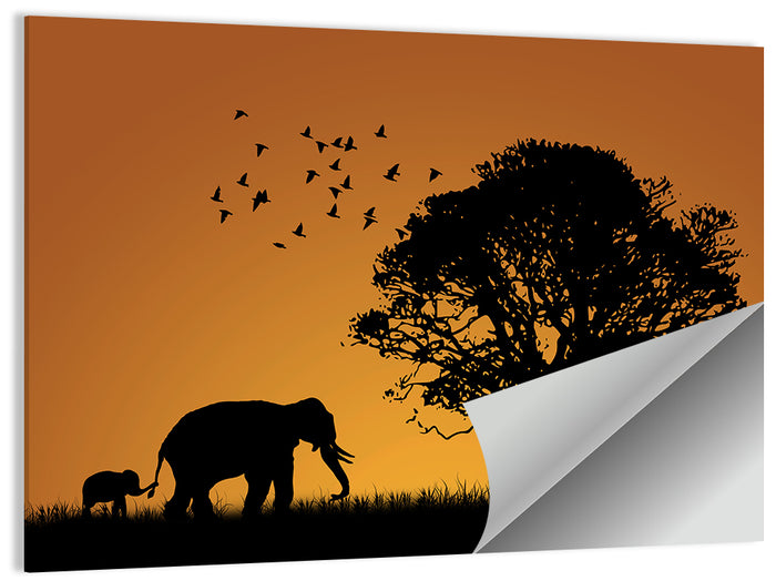 Elephant Family at Golden Sunset Wall Art as a poster print