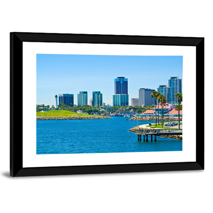Long Beach Rainbow Harbor Skyline Wall Art as a framed print