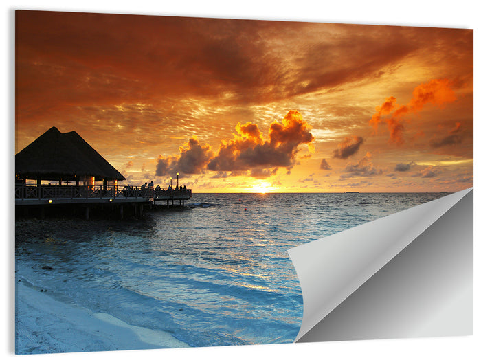 Overwater Bungalow Sunset Pier Wall Art as a poster print