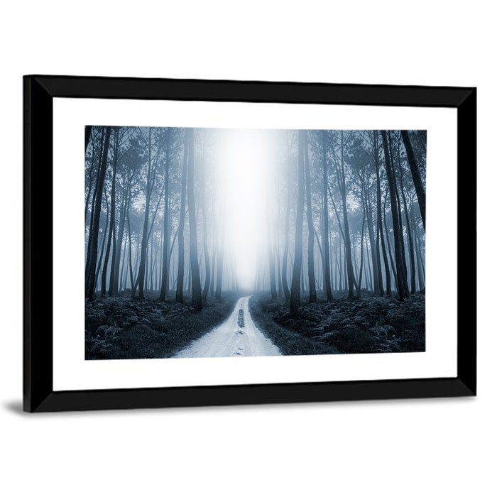 Misty Forest Road at Twilight Wall Art as a framed print