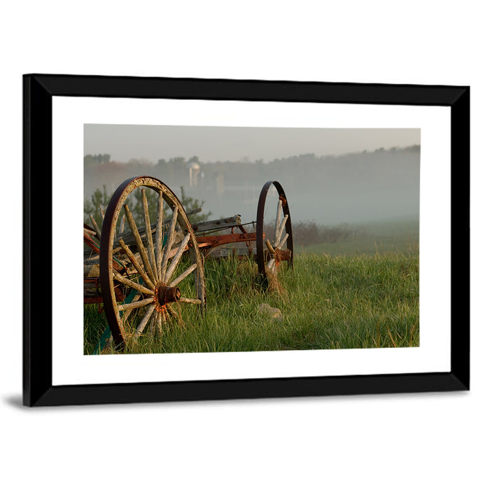 Weathered Wagon in Morning Mist Wall Art as a framed print