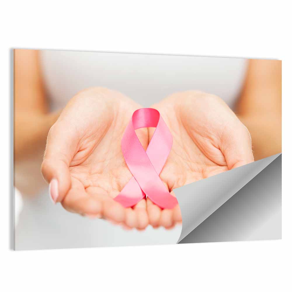 Cupped Hands Holding Pink Ribbon Wall Art
