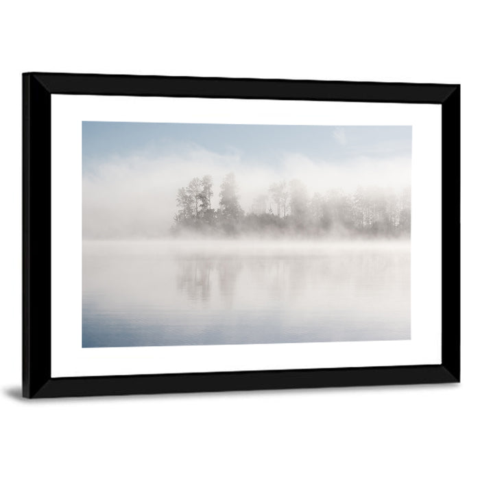 Misty Forest Lake Wall Art as a framed print