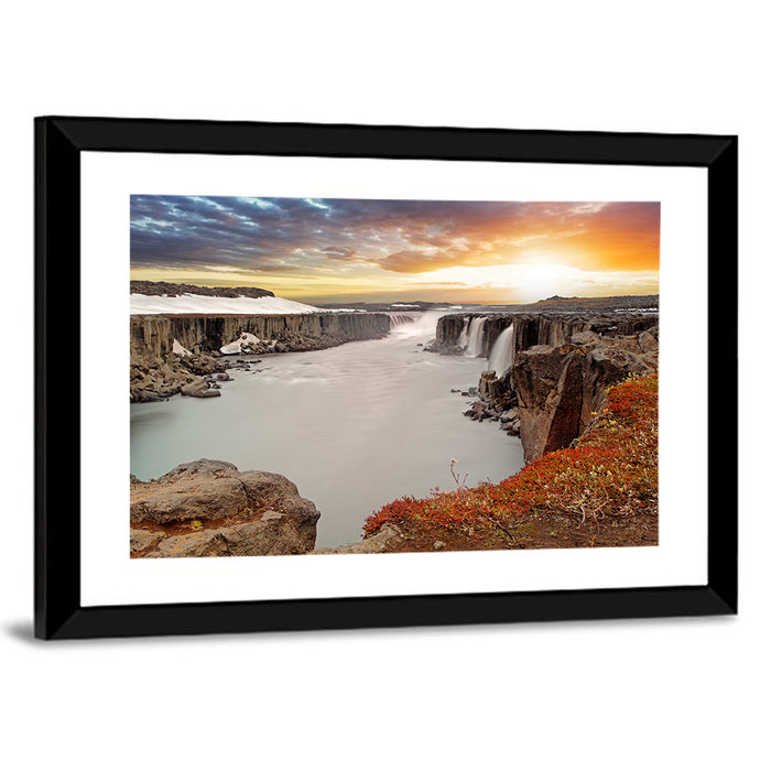 Selfoss Waterfall at Sunset Wall Art as a framed print