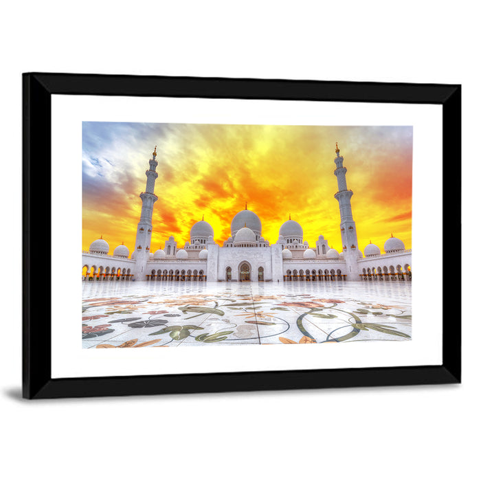 Sheikh Zayed Grand Mosque at Sunset Wall Art as a framed print