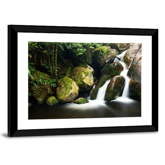 Rainforest Waterfall with Moss Covered Boulders Wall Art as a framed print