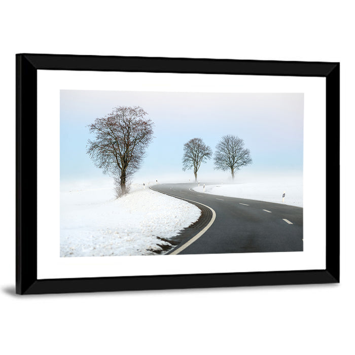 Foggy Winter Road Wall Art as a framed print
