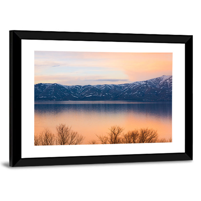 Lake Sevan Golden Dusk Wall Art as a framed print