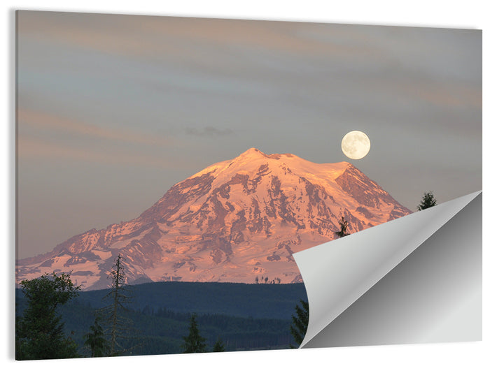 Mount Rainier Alpenglow with Full Moon Wall Art as a poster print