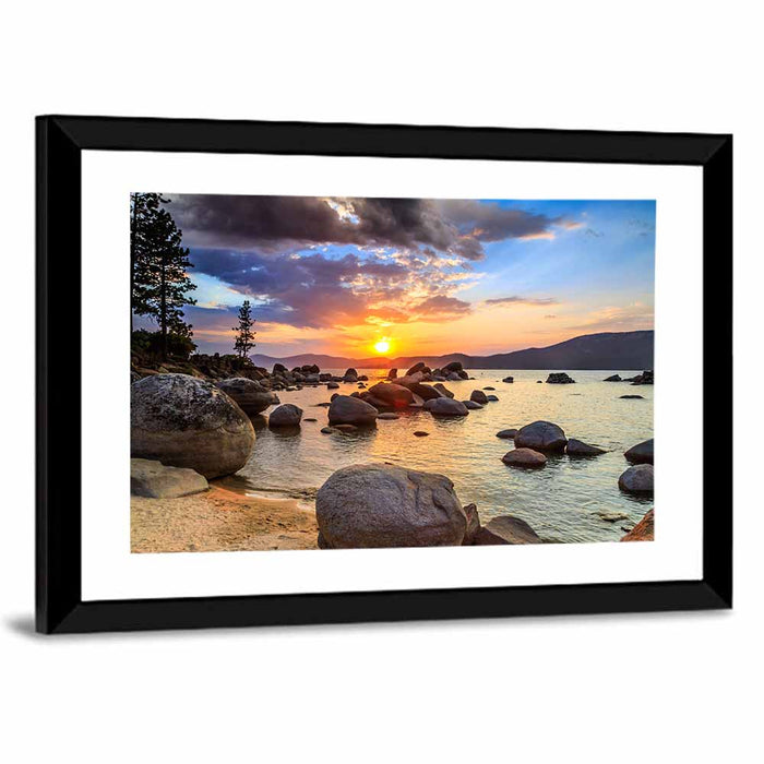 Lake Tahoe Sunset with Boulders Wall Art as a framed print