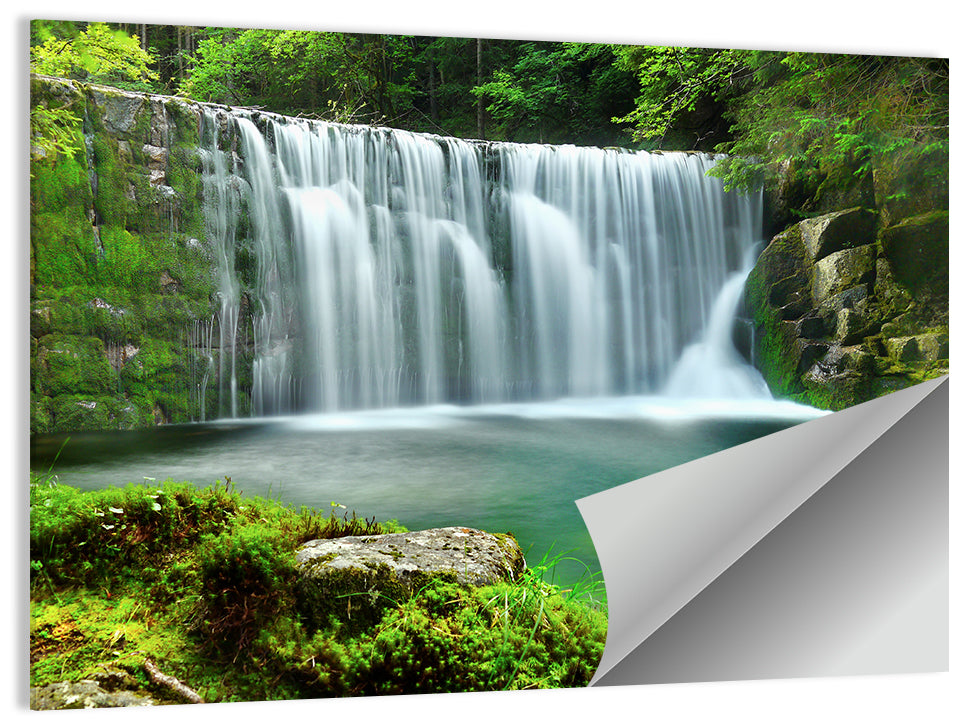 Emerald Forest Waterfall with Mossy Stones Wall Art