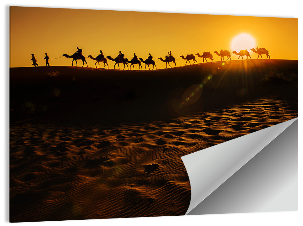 Camel Caravan Silhouette at Golden Sunset Wall Art