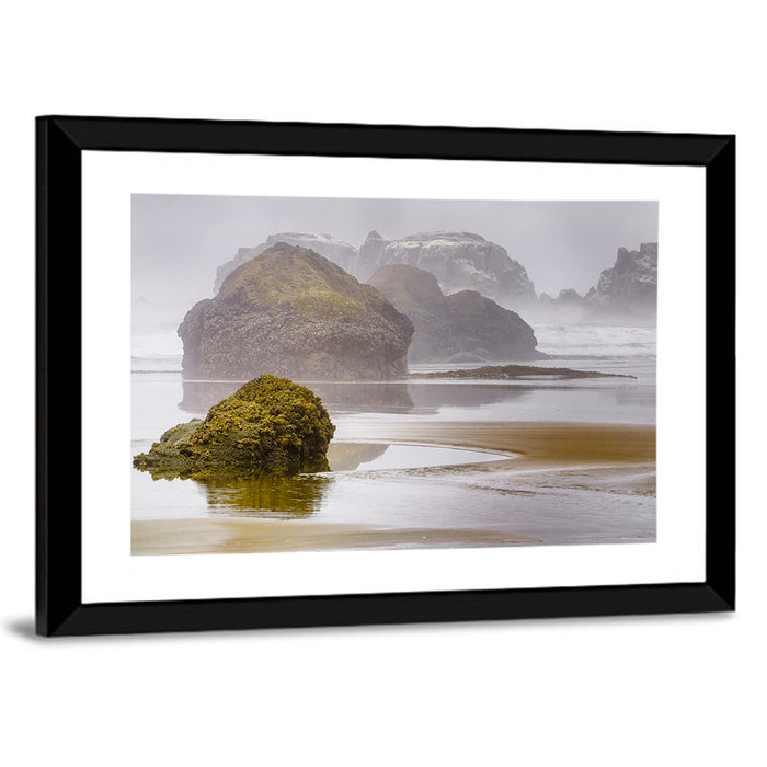 Misty Oregon Sea Stacks Wall Art as a framed print