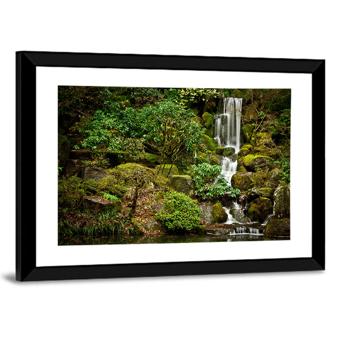 Secluded Mossy Waterfall Wall Art as a framed print
