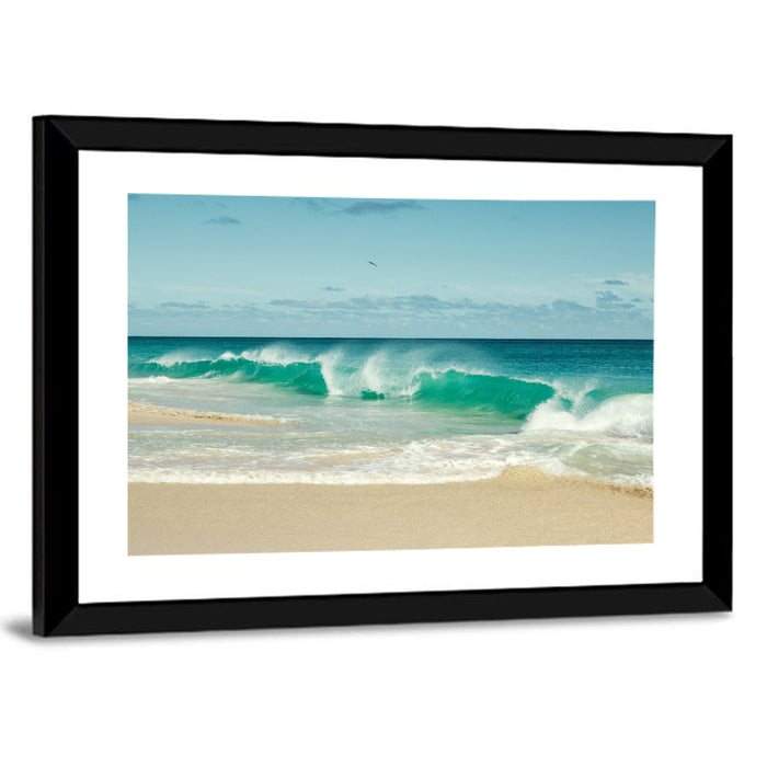 Turquoise Wave on Sandy Beach Wall Art as a framed print