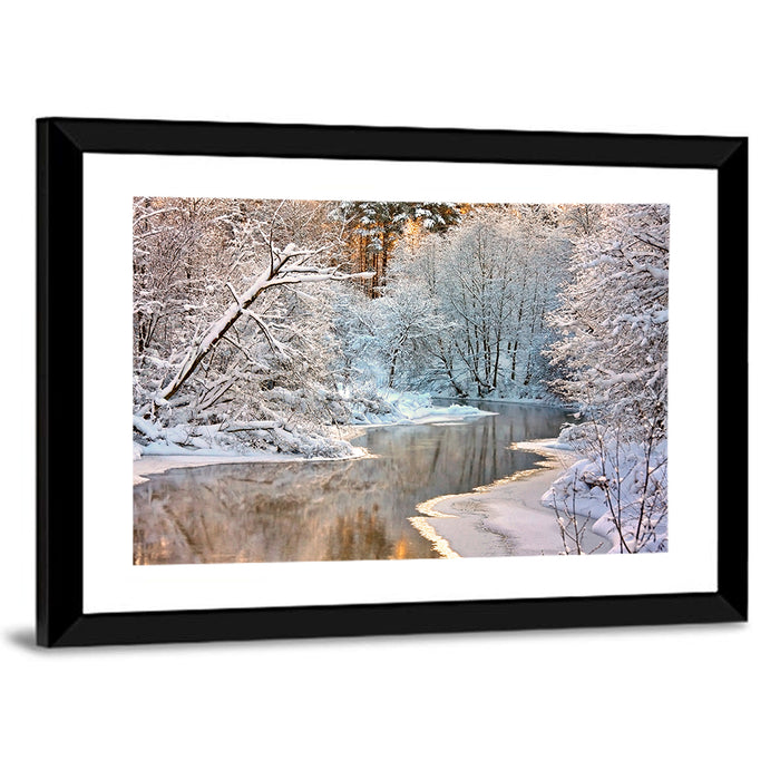 Snow-covered Stream at Golden Hour Wall Art as a framed print