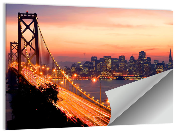Bay Bridge Light Trails at Sunset Wall Art as a poster print