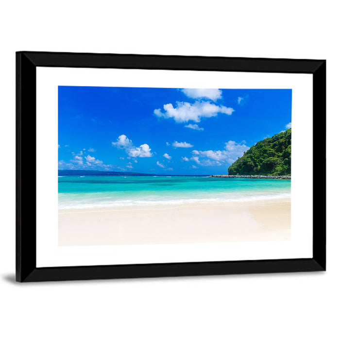 Turquoise Tropical Beach Scene Wall Art as a framed print